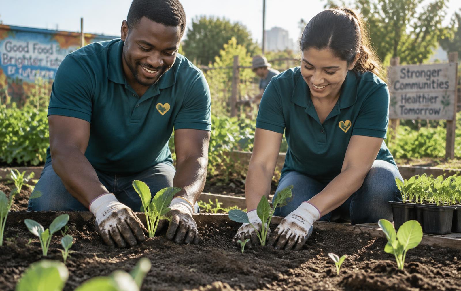 Two Madrid Foundation volunteers planting seedlings in a community garden