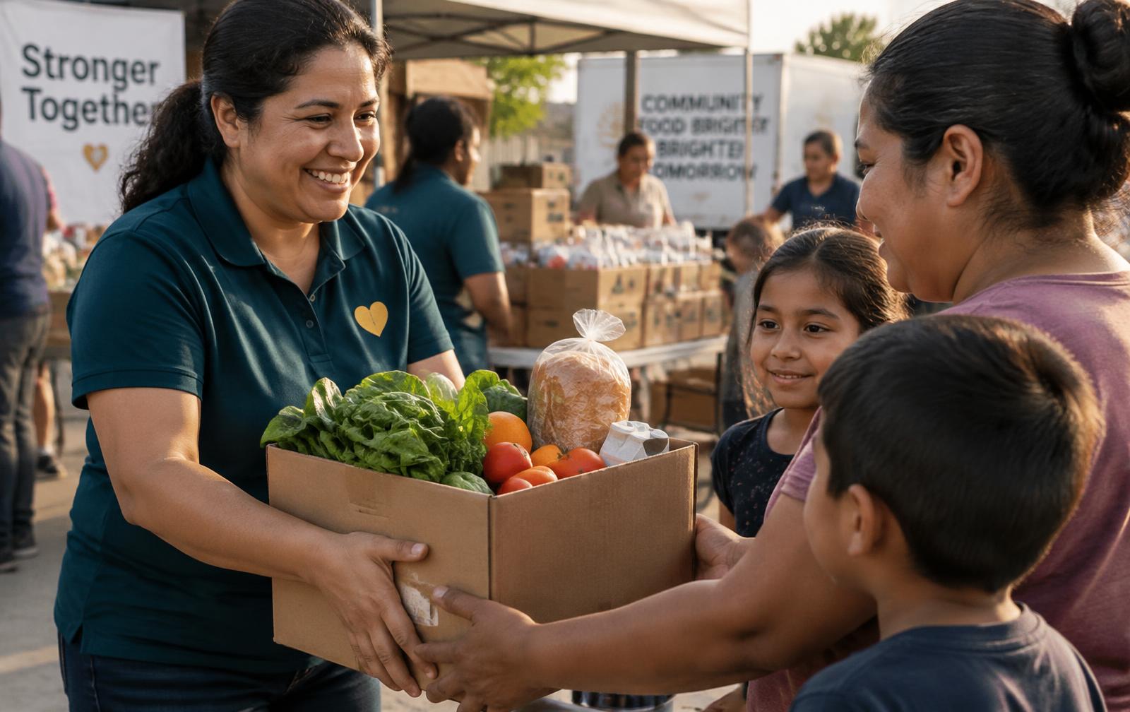 A Madrid Foundation volunteer handing a box of fresh food to a family