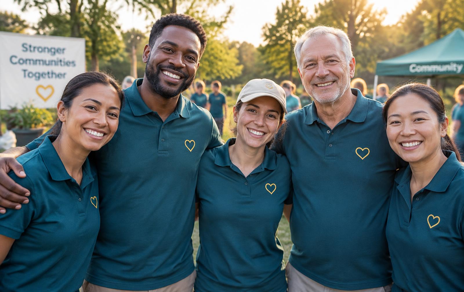 Madrid Foundation volunteers in branded teal shirts together at a community event