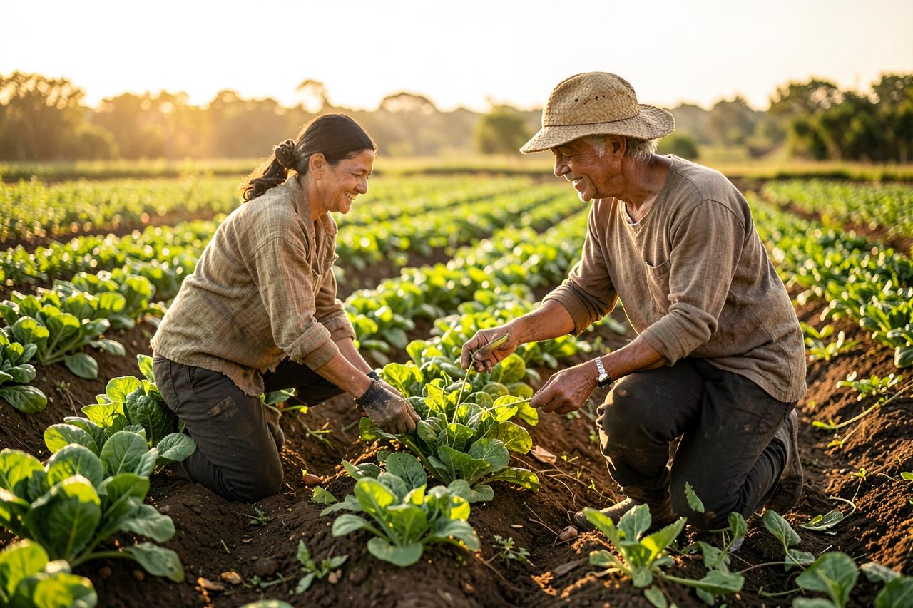Two farmers tending rows of leafy crops in a sunlit field