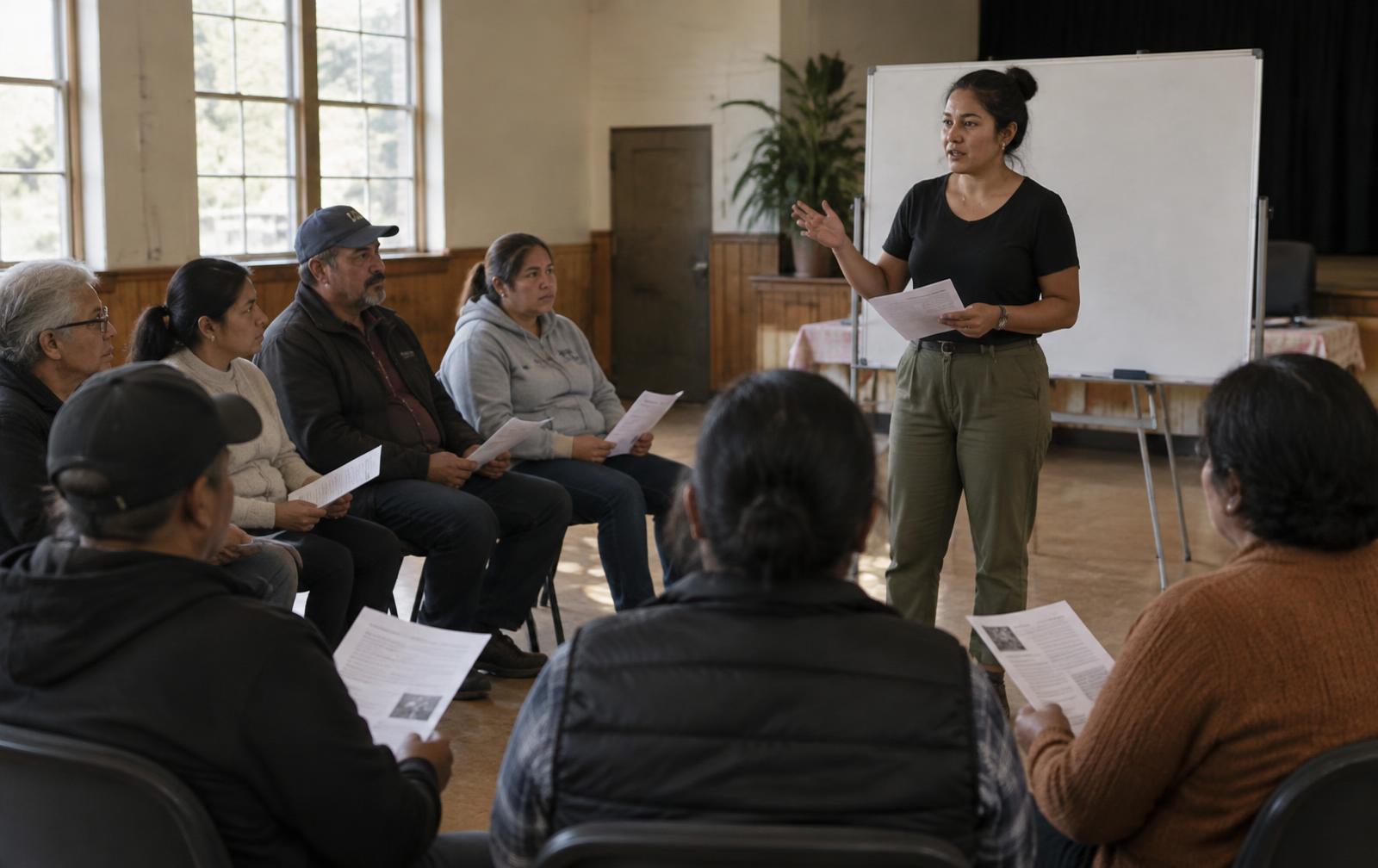 A facilitator leading a know-your-rights workshop for seated community members
