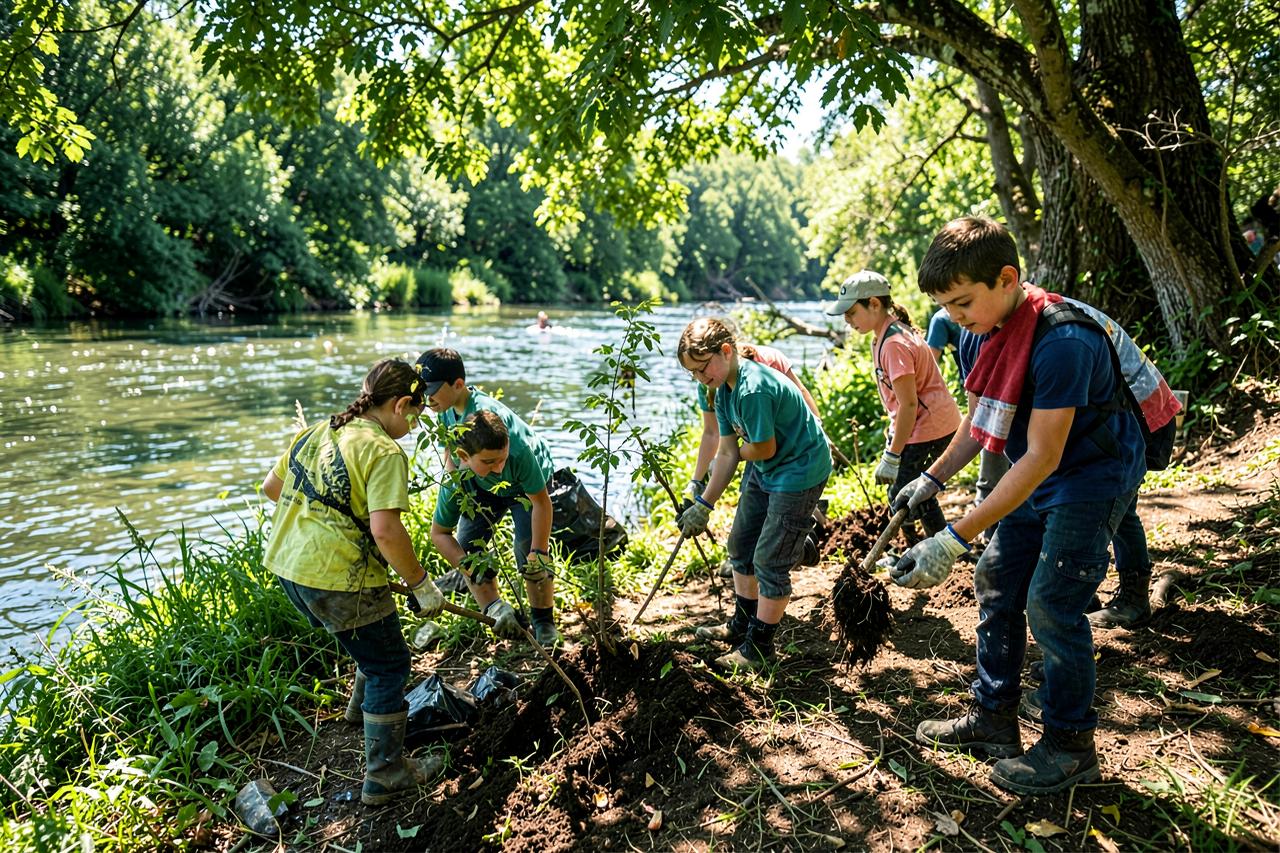 Young volunteers planting saplings along a green riverbank