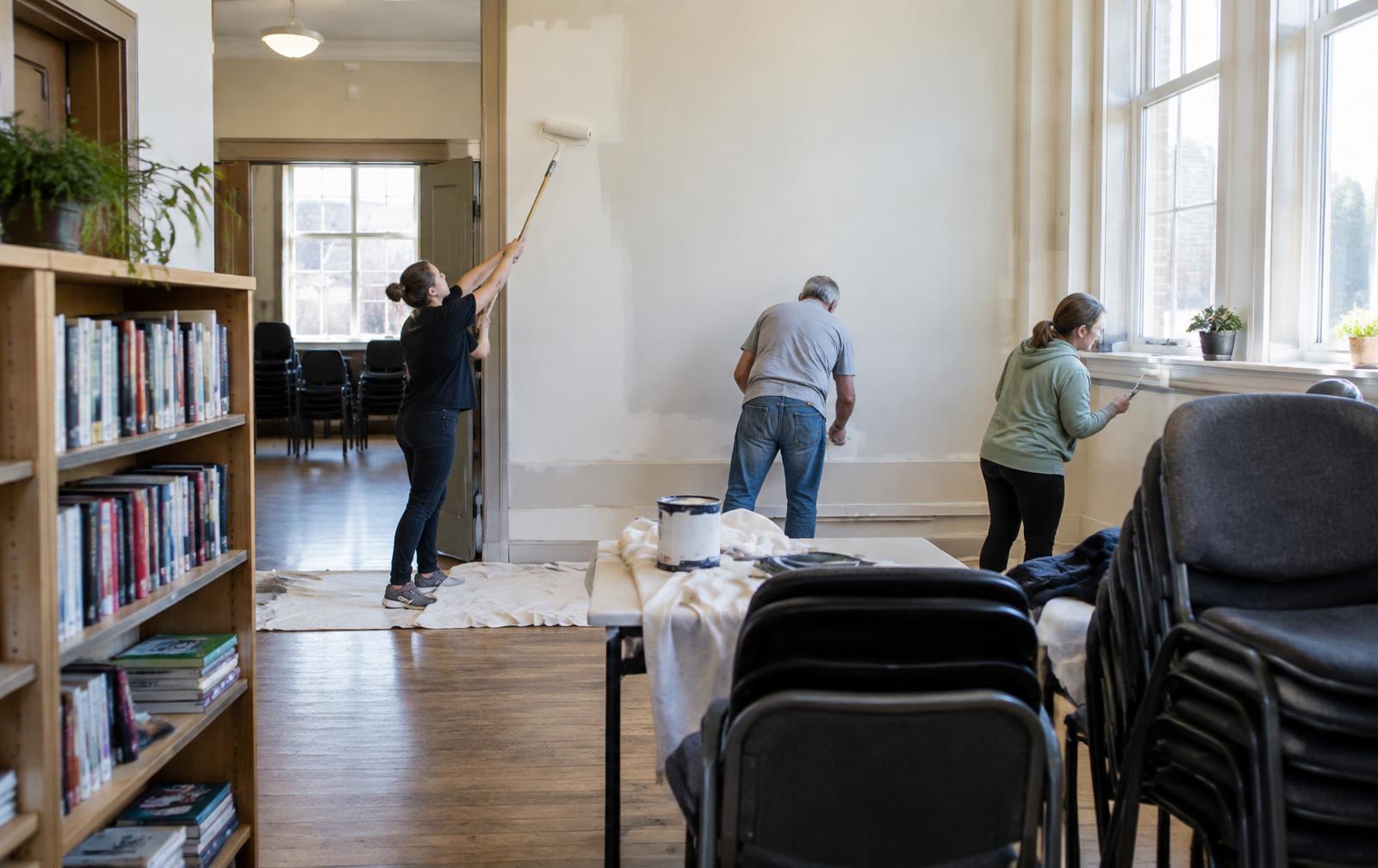 Volunteers repainting a community hall lined with stacked chairs and bookshelves