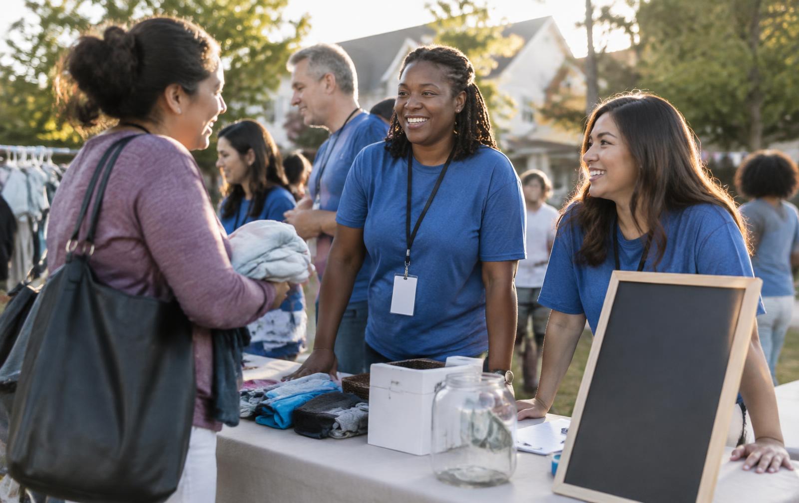 Volunteers welcoming neighbours at an outdoor community fundraising stall