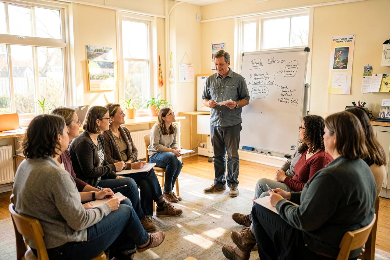 Adults seated in a circle at a community seminar taking notes